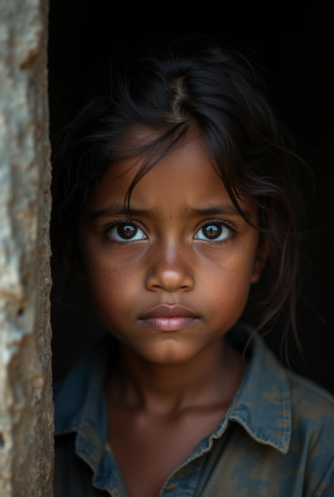 "Help young lives affected by the floods in Bangladesh. Your support can bring hope and relief to children like her. Donate now to make a difference." (Concrete dark room)、 ((Face close-up))