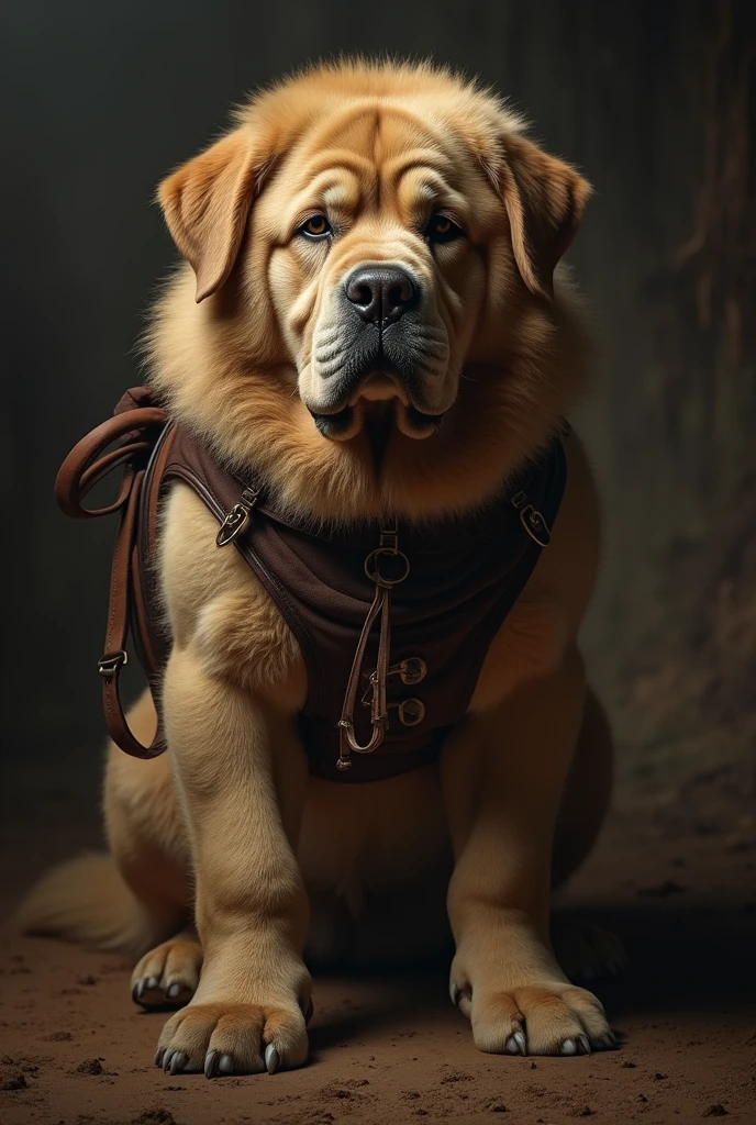 a large, muscular, fluffy mastiff dog, wearing a saddle on its back, hyperrealistic, intricate detailed fur, powerful posture, dramatic lighting, cinematic composition, rich colors, photorealistic, 8k, best quality, masterpiece