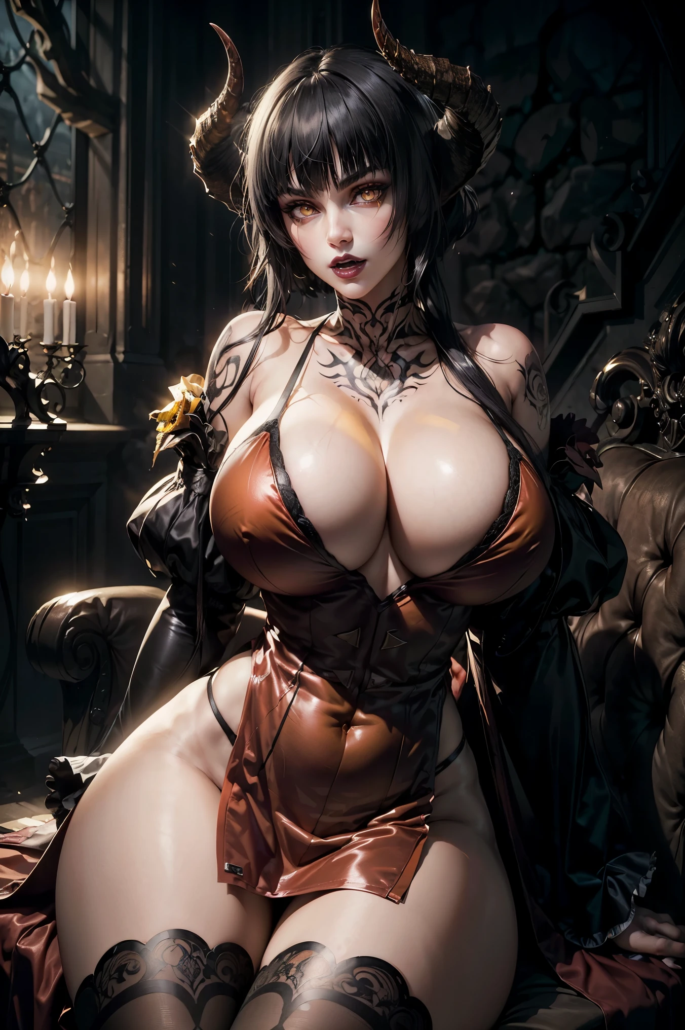(masterpiece, best quality, perfect face, (beautiful and aesthetic:1.2), extremely detailed, highest detailed face), ((beautiful Elize), (black hair, blunt bangs, short hair with long locks), (yellow eyes:1.4), (pale skin), slit pupils, horns, fake breasts, huge breasts, (narrow waist:1.2), thicc thighs, (narrow hips)), long legs, (slender body:1.2), (makeup, chest tattoo, vampire, demon horns, mascara, eyeshadow, red lips), (red outfit:1.2), (dark fantasy background, (inside evil castle, in dark chamber), (night:1.4), dimly lit), (yawning:1.3), sitting sexy pin-up pose, looking at viewer, full shot, solo, (elegant, intricate, detailed digital art, high quality, 4k, extremely detailed, sharp, CG, 2D, dramatic light, HDR),