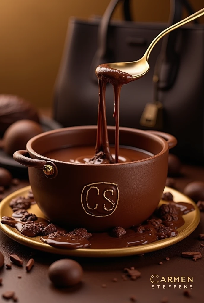 Make an image of a chocolate fondue with a waterfall that makes you want to drink and with things that remind you of the Carmen Steffens brand. More luxurious Place the letters  "CS" (logo da Carmen steffens) gold joints in the pot where the chocolate is and a leather bag in the background.