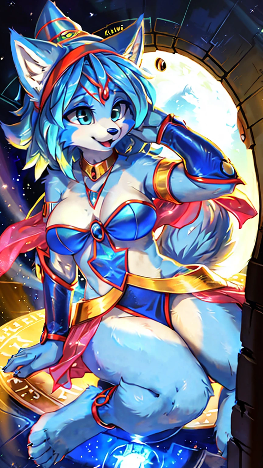 A beautiful and detailed (sweet picture) wa ((krystal)), Star Fox krystal, sslim, lovable, green eyes, medium breasts, (((Long blue hair 1.3))), Decollete, anthro, furry, Uploaded E621, detailed fluffy fur, (wa Fluff-Kevlar, Bayard Wu, Pino Daeni), detailed face, (fluffy), 1 girl, alone, sweet girl, (((hole body))), magician Outfit