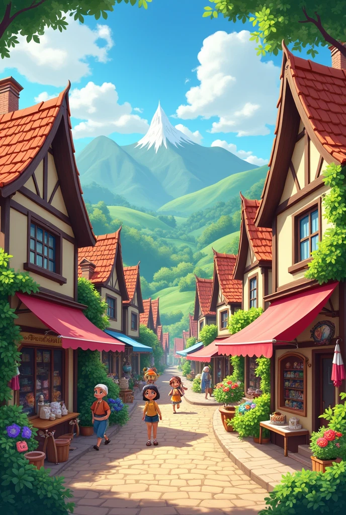 Show Old village their shops their people their  cartoon 