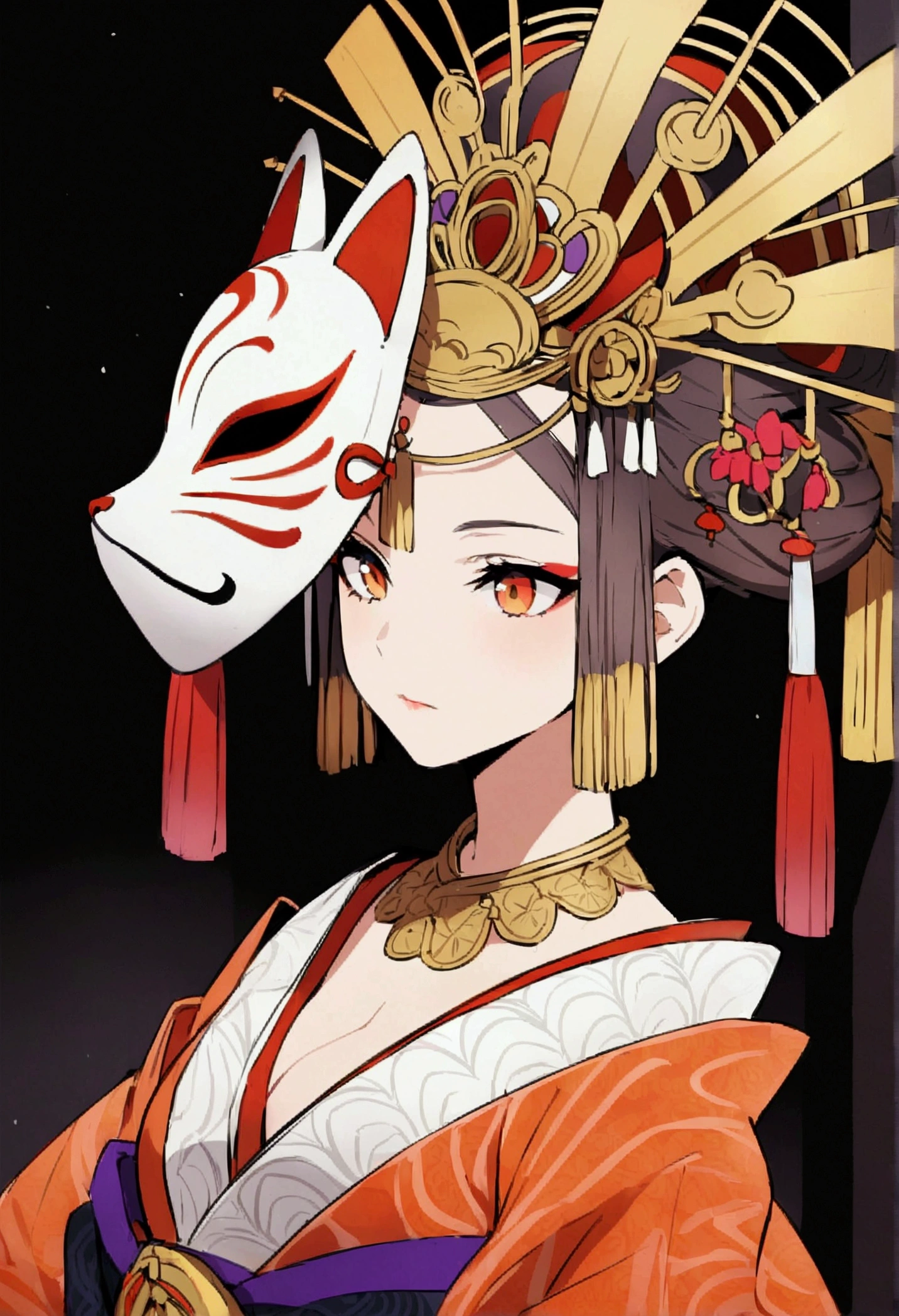 anime、Woman wearing a fox mask、luxury、Oiran、high resolution、high quality、beautiful、beautiful、With kissel、Upper Body、