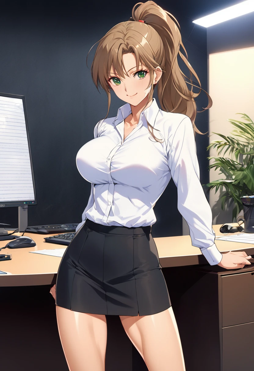 Highest quality, Great quality, 16K, Unbelievably absurd, Very detailed, 2.5D, delicate and dynamic, (Makoto Kino), Small face, Very delicate facial expressions, Delicate eye depiction, Very fine hair, (1 female), erotic, Sexy Woman, Muscular, Office Lady, Height: 175cm, Light brown long hair,ponytail、 Sexy long legs, Glowing Skin, White shirt, Black pantsuit, The background is the office,1990s \(style\),、(E-cup beautiful breasts)、tall、Cinema Lighting, (完璧なGlowing Skin:0.6),Always high quality CG Unity 8K wallpaper、smile