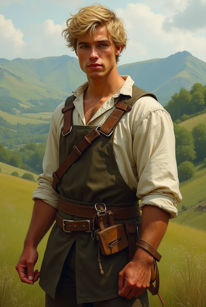 18yo, masculine, blonde hair, 17. century, hole body, Farmer's son