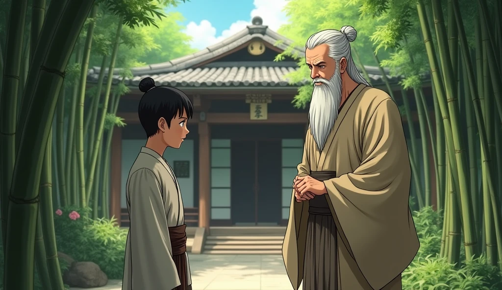 Hiro, a young adult dressed in simple, traditional Japanese robes, stands at the entrance of Master Koji's Zen temple. Hiro has a serious expression, reflecting his inner turmoil. Master Koji, an elderly man with long white hair tied back and a flowing white beard, greets Hiro warmly. Koji wears plain, earth-toned robes with a sash around his waist, and his calm, wise demeanor contrasts with Hiro’s anxiety. The scene is set in a tranquil bamboo grove, with the temple in the background, its wooden structure blending harmoniously with nature