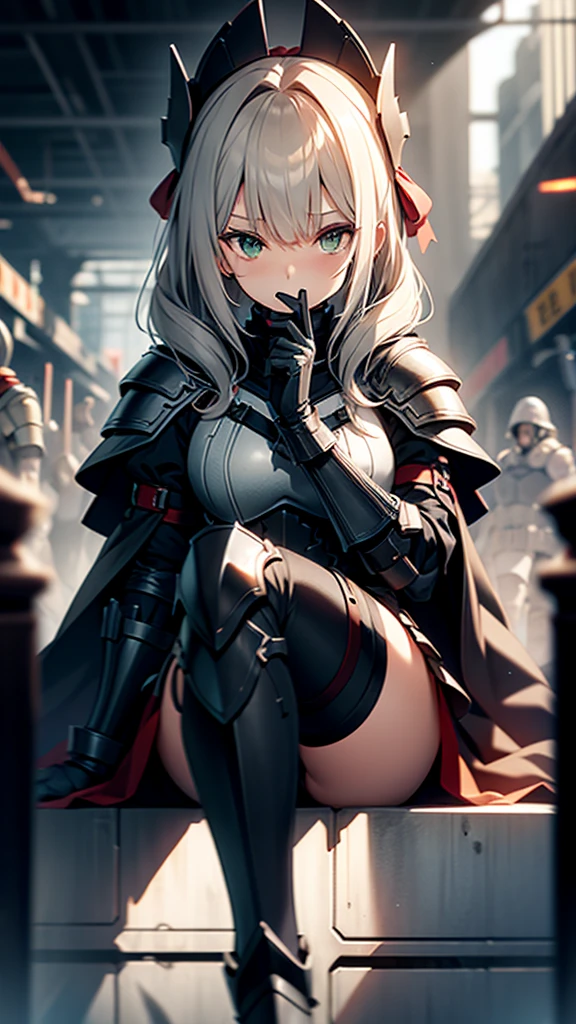 ((masterpiece)), ((best quality)), girl, ((beautiful body)), dark skin tone, ((well detailed eyes)), very long straight hair, ((white hair)), ((effect highlights in hair)), ((hair in eyes)), full black armor, ((full body length)), ((details on armor)), ((dark details)), a cape, medium breasts, accessory of neck, eyebrow, ((fox ear)), ((perfect)), ((screaming with fury)), ((open mouth)), ((angry)), ((stressed)), thin waist, thick legs , big thigh, ((background scenery)), ((Medieval kingdom)), ((battlefield)), (war), ((by night)), (moon), pov, looking at viewer, blushing , lustful,