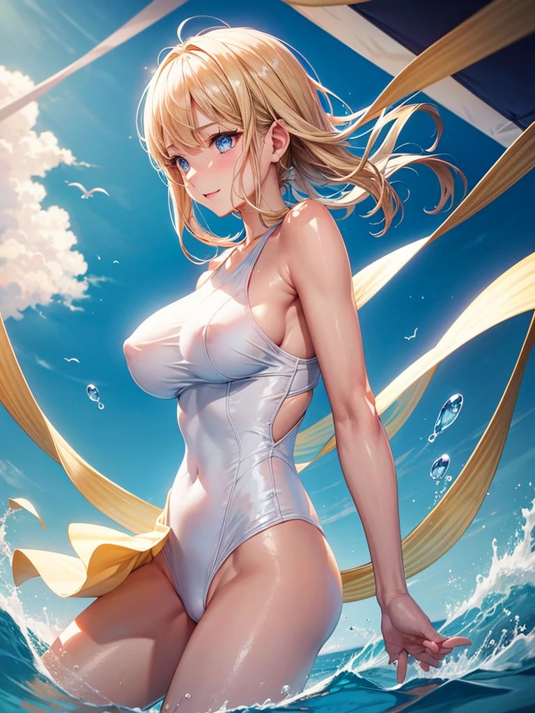 Anime style, super fine illustration, super clear illustration, highly detailed, beautiful detailed, super pale tone image, super delicate illustration, super calm & static image, static representation, gentle expression, 8k, pretty 1girl with blonde straight short hair & blue eyes & a bright smile & Big breasts & nipples & soft fair skin & (shiny skin : 1.6) is wearing the competitive swimsuit in the swimming pool, Olympic, happy stories, solo, perfect fingers, no more fingers, no less fingers, perfect arms, no more arms, no less arms, perfect legs, no more legs, no less legs, no more hair, no more clothes, masterpiece,