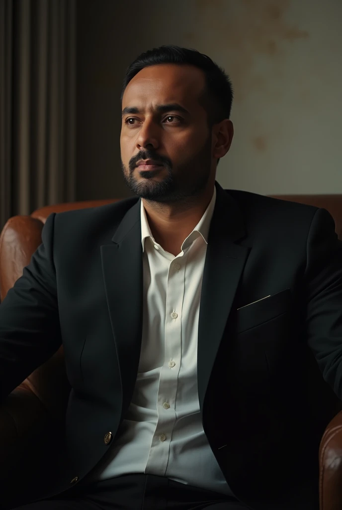 A Bangladeshi man setting in a room.
He wearing black suit and white shirt. He look straight