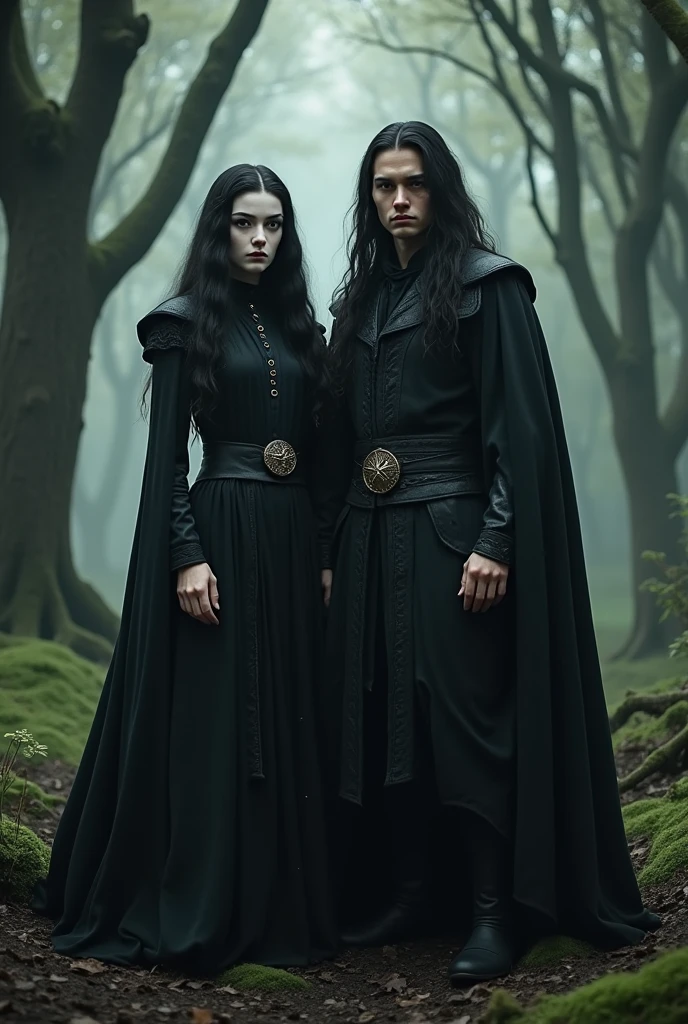 make two twin brothers, a girl and a boy, they are .
black hair she has long hair and he has short hair, black eyes pale white skin, she wears a black dress, and he wears black period men's clothing, they need to be intimidating
They are two wizards from the Middle Ages, they are in a medieval forest, they are next to each other
