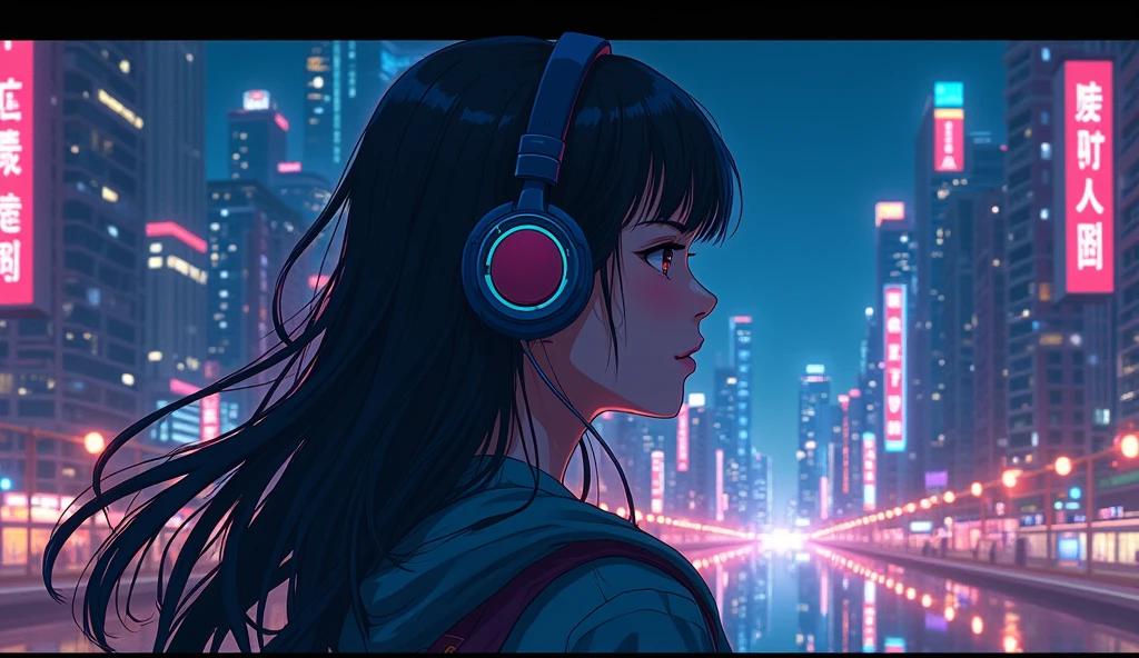 Perfect image, 8k, high school girl、 Using headphones, 2D-style animation, Lo-Fi, metropolis、night、Emotional、Retro、Anime style illustrations