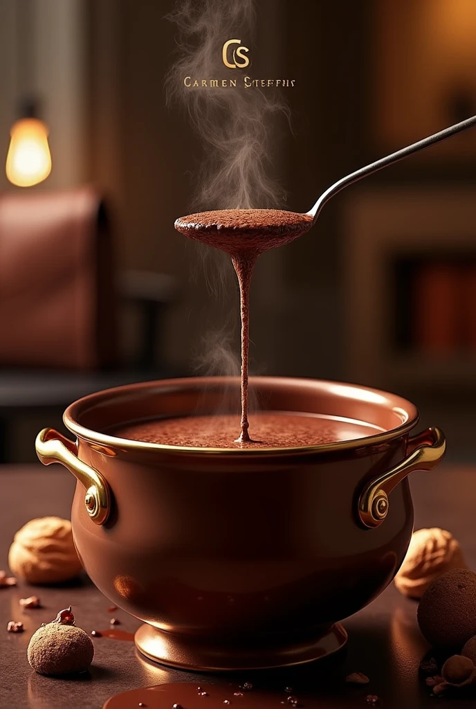 Make an image of a chocolate fondue with a waterfall that makes you want to drink and with things that remind you of the Carmen Steffens brand. More luxurious Place the letters  "CS" (logo da Carmen steffens) gold joints in the pot where the chocolate is and a leather bag in the background.