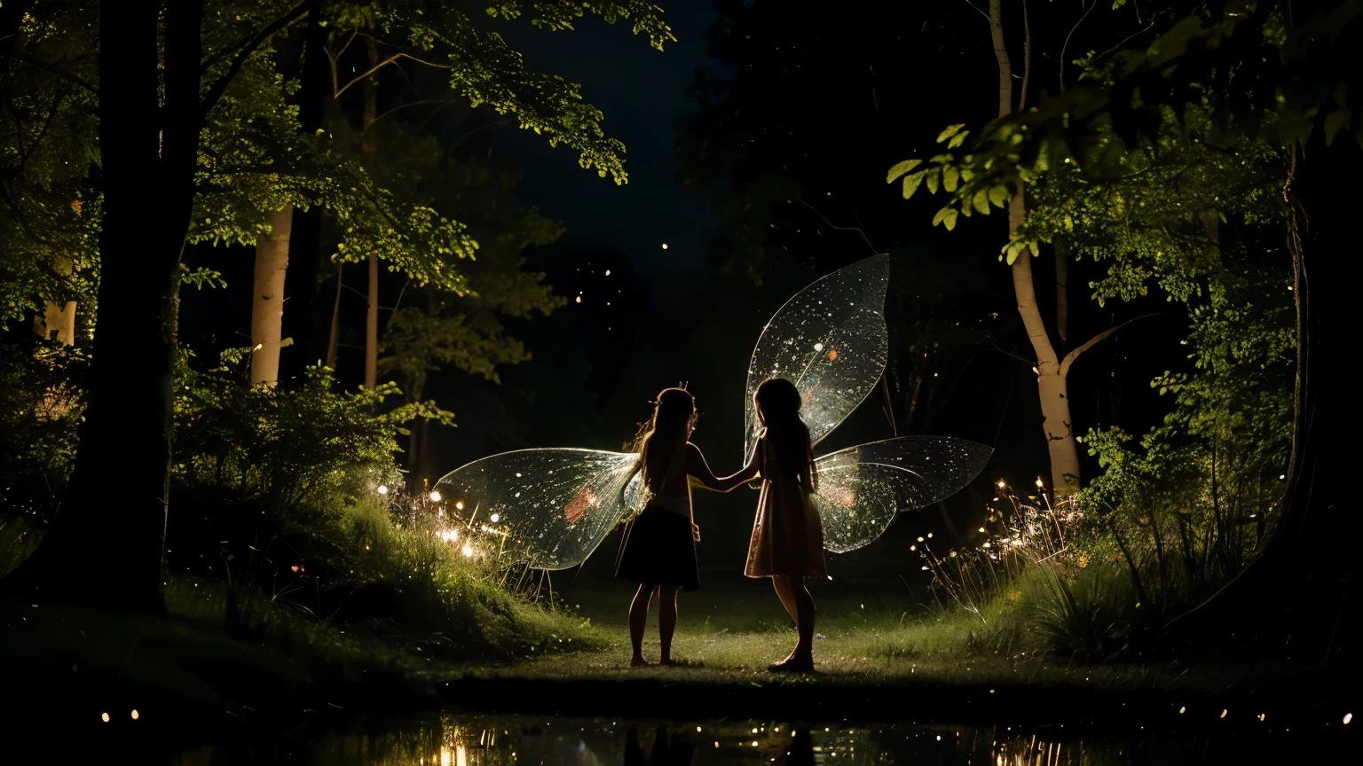 fairies in the forest, near a beautiful lake with fireflies in the middle of the night, They are happy and confident.
