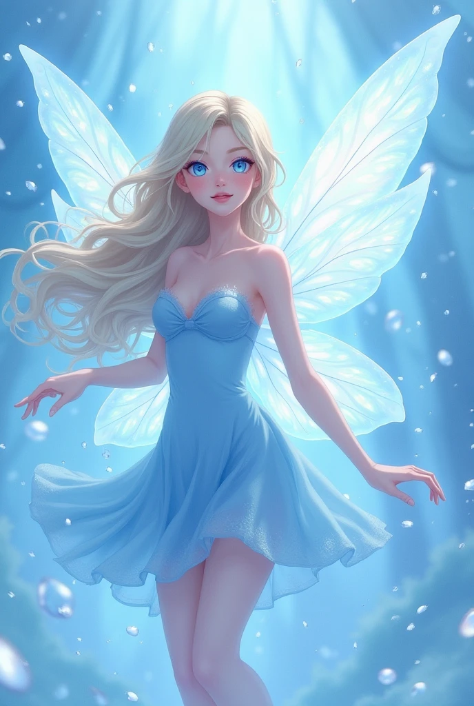masterpiece, best quality, (Anime:1.4), pastel blue anime fairy woman representing the element of water, shimmering lights, (she has blue wings), light blue eyes, whirls of vapor, iridescent textures, (water drops), soft neon blue light, ethereal ambiance, delicate details, magical atmosphere, (blonde long hair), pastel blue short dress, flawless skin