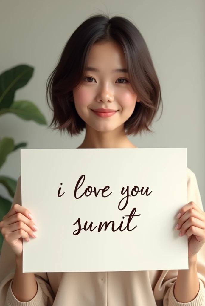Beautiful gir, holding a white board with text "I Love you sumit " and showing it to the viewer
Short hair 

