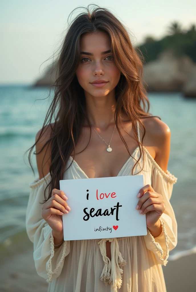 Beautiful girl with wavy long hair, bohemian dress, holding a white board with text "I Love Seaart Infinity" and showing it to the viewer