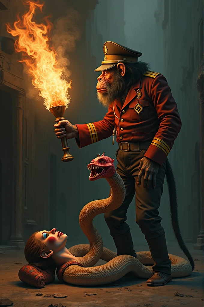 LnF,nasist jewish monkey,burning a clown snake with a woman's body