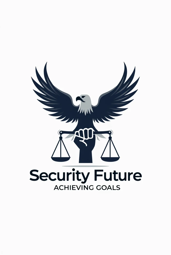 Create a logo with an eagle and the symbol of justice and a closed fist with the name underneath " security future " and as a subtitle " Achieving goals "