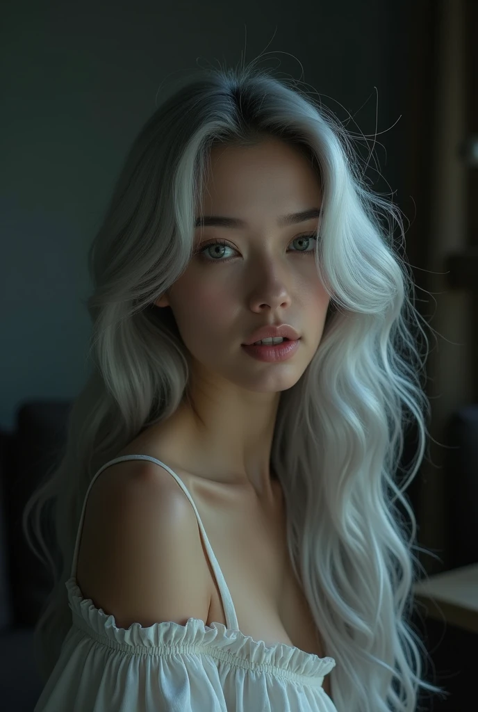 Beautiful girl with white skin, light gray hair, professional photo, realistic, against the backdrop of a dark living room