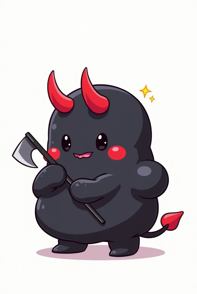 Manga cartoon character, black slime, red horns, small red tail, two hands, two legs, holding a sickle, cute, white background