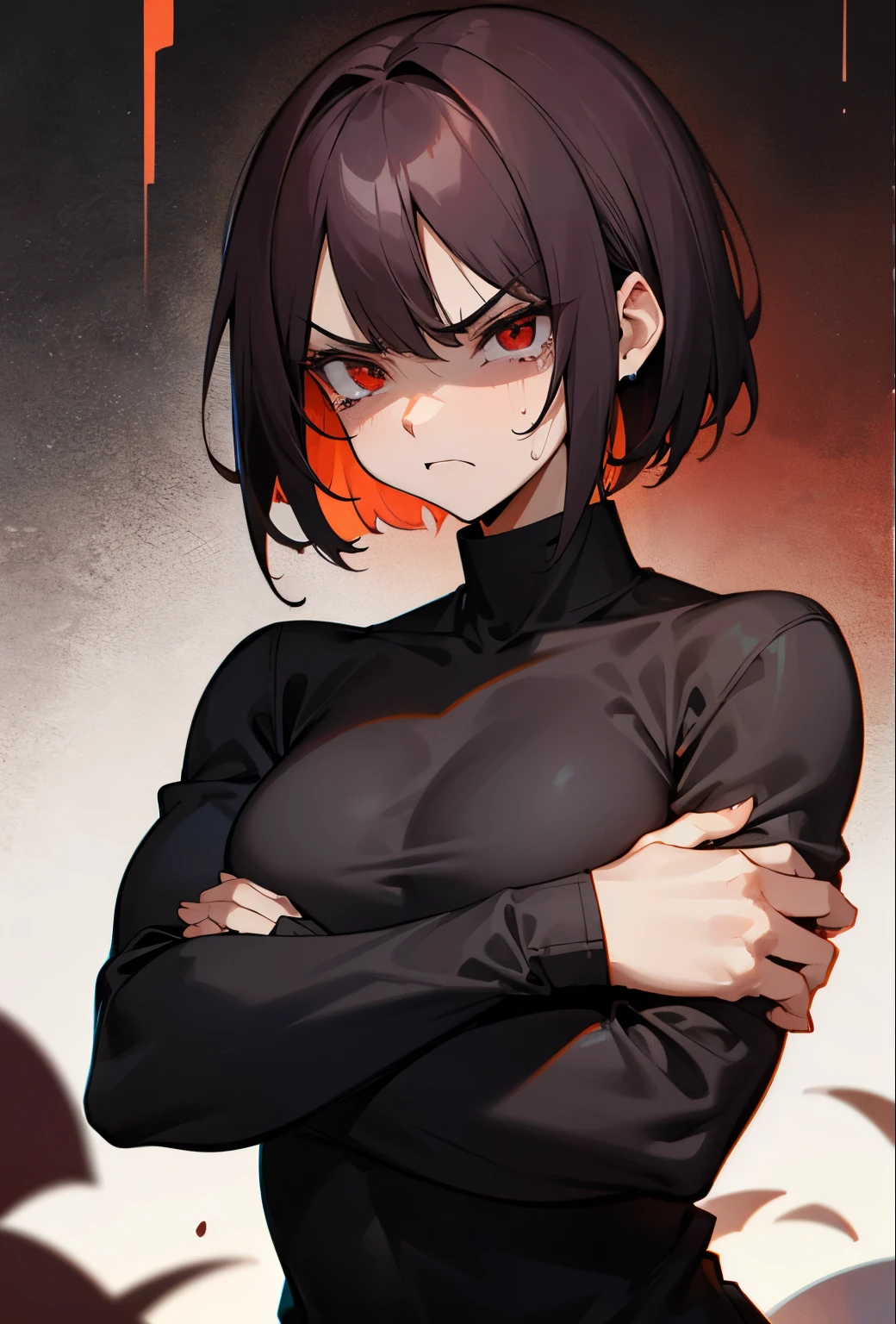 Woman, short hair, red eyes, angry face, tears in her eyes, long-sleeved shirt, muscular, arms crossed, angry, jealous