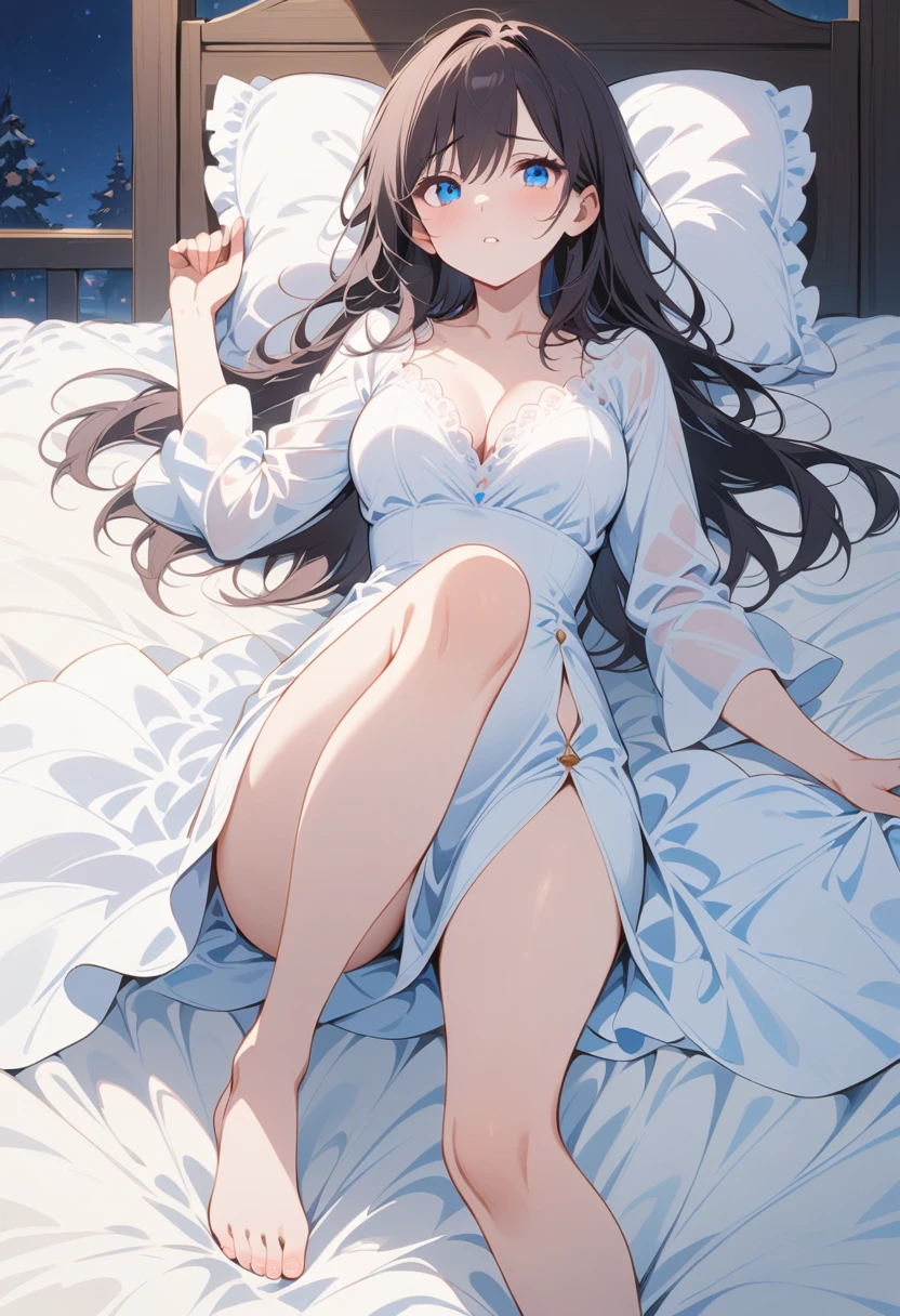 1 girl,Full body portrait,Jet black hair,Blue Eyes,Lying in bed,night,A white robe with high slits on both sides,Show your legs,Show your arms,Snow white skin,Dignified and holy,Mature charm,Weakness,with a slightly furrowed brow,lovable