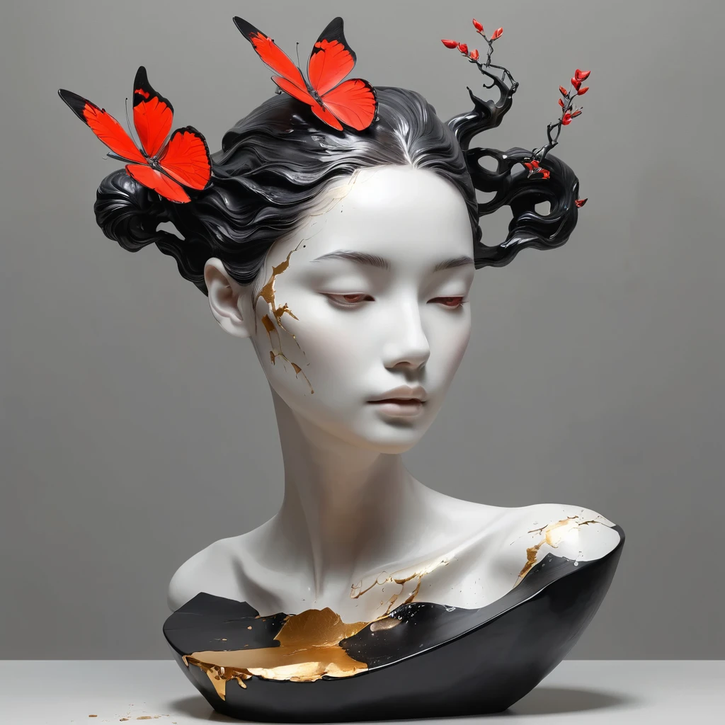 ((exhibition，Still Life Table，Artistic statues，3D sculpture，ceramics，Surface cracks，Broken texture)), mercy，thin neck，Show the beauty of nature.Black & Red Theme，by Kane，gold powder， This work is presented on a gray background..，Highlight its artistic qualities.Ray tracing
