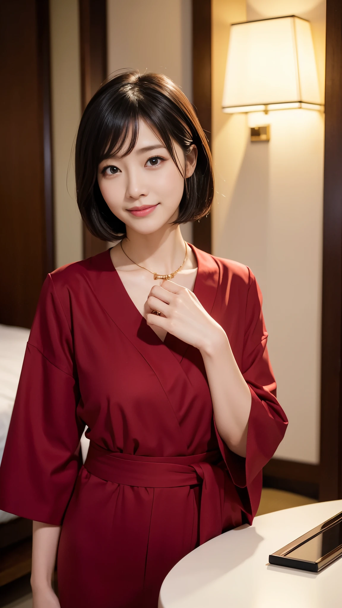 Portrait, 8k, high quality, realistic photographic image, Japanese woman, pretty wife, housewife, natural and realistic eyes, Japanese standing, beautiful black hair, short hair,, accurate rendering, golden ratio composition, laughter, 44 yrs. Hair, light makeup, octane rendering, dim lighting, golden ratio composition, laughter, normal clothes, casual clothes, luxury city hotel, hotel room, hands on table, red collar around neck, red heels, background blur, high quality, pure Japanese style, beautiful wife, upper body, light makeup, no Makeup. Makeup, neat, plain, red, purple, blue, plain, plain clothes, smiling, black eyes, background blurring.