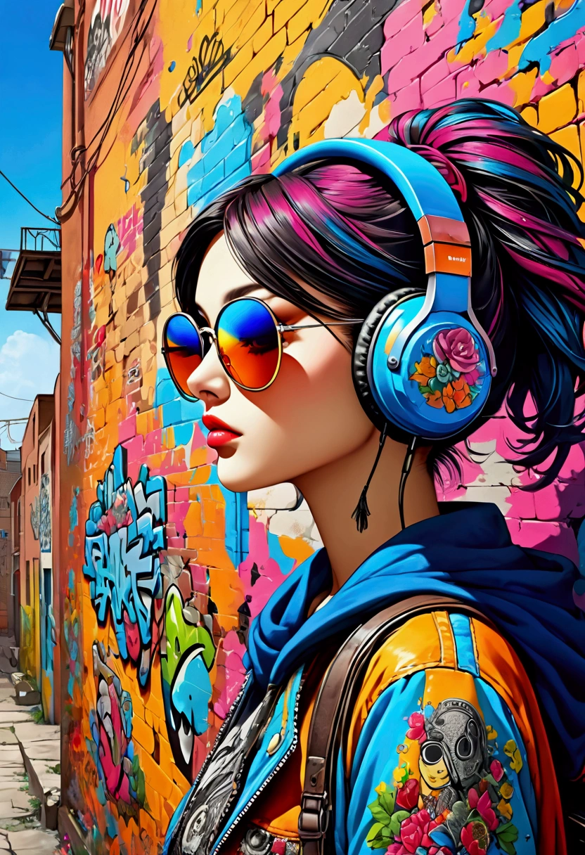((Very detailed)),Unbelievably absurd,Graffiti art and women,sunglasses,headphone,(((Wall Art))),Punk Fashion ((masterpiece, Highest quality, Very detailedCG, unity 8k wallpaper )),(masterpiece, Highest quality, Highest quality, Official Art, beautiful),Very vivid,High-precision images,Ultra-high resolution,Great art,Poster Art,Impressive photos,Graffiti Art Style,Very colorful,Inner Color