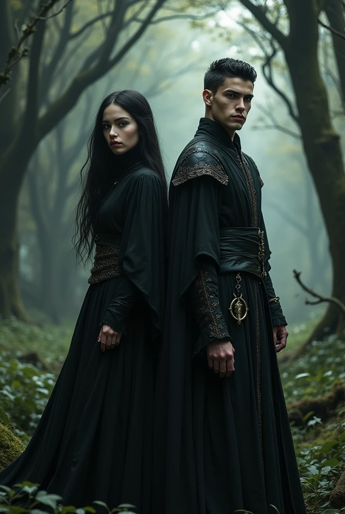 make two twin brothers, a girl and a boy, they are .
black hair she has long hair and he has short hair, black eyes pale white skin, she wears a black dress, and he wears black period men's clothing, they need to be intimidating
They are two wizards from the Middle Ages, they are in a medieval forest, they are next to each other