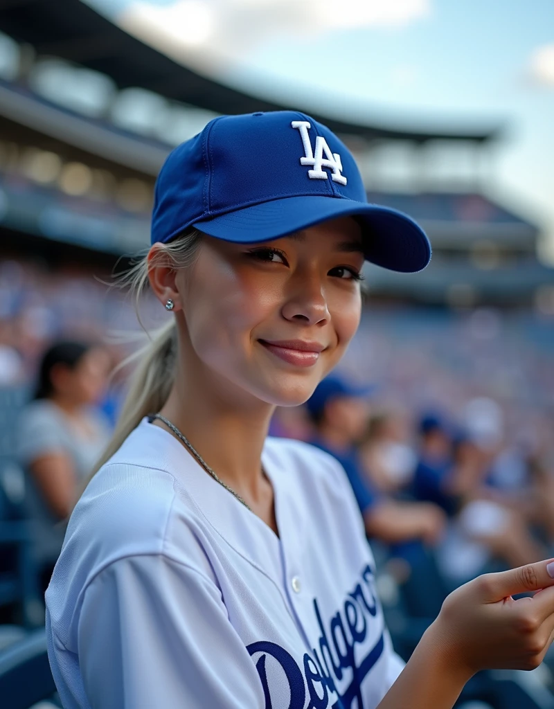(RAW Photos, Highest quality, masterpiece: 1.2), (Realistic: 1.4), Best lighting, 20-year-old, (Light grey hair, Shortcuts, Hair above the ears, Symmetrical eyes, Fair skin, alone, Detailed skin, Detailed Background:1.2), Front view, smile, Angle from field to spectator seating, Sitting in the stands at a baseball stadium watching the game, Holding the iPhone 15 Pro in one hand, Many spectators, Wearing a Los Angeles Dodgers baseball cap and Los Angeles Dodgers uniform, Large Breasts, accessories, Tie your hair back, Daytime, Exposure to sunlight