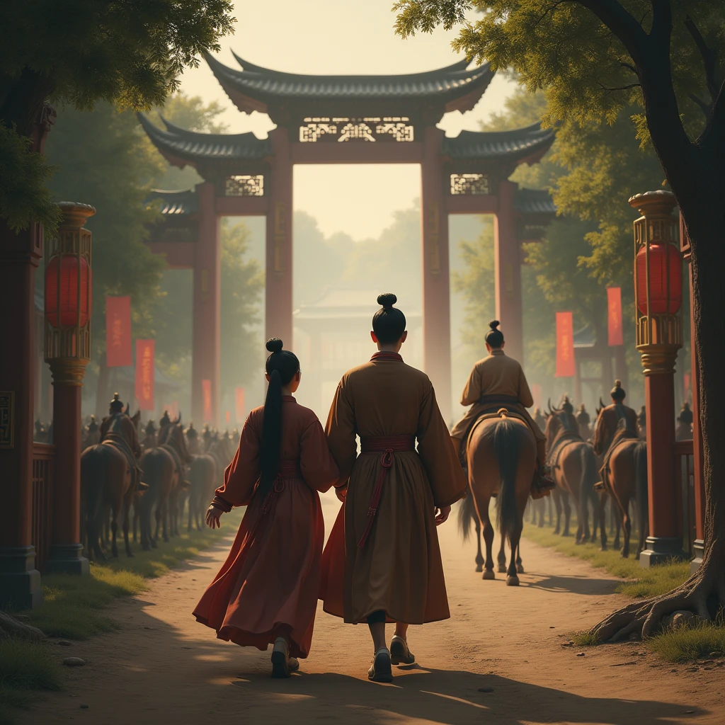 A young man with a pale, youthful face and a young woman with a face like a goddess, both clad in the deep brown attire of full-fledged officials from the Han Dynasty, emerged from the deep forest. As they walked along the dirt road lined with trees, a large carriage pulled by sleek horses approached at a fast pace. The young man and woman stopped to look. The carriage was driven by a man in the garb of an official, radiating authority.
The woman led the young man through the bustling street until they reached the General's Mansion, situated in the heart of the city. The building was imposing and elegant, with teak pillars adorned with intricate carvings. The grand gates swung open, revealing a scene teeming with activity.
The woman led the young man through the bustling street until they reached the General's Mansion, situated in the heart of the city. The building was imposing and elegant, with teak pillars adorned with intricate carvings. The grand gates swung open, revealing a scene teeming with activity.
As they entered the mansion, the light from lanterns illuminated the vast hall. Soldiers stood guard at the doors, and people gathered to discuss matters of importance. The woman looked at the young man with confidence. “This is where we will meet the General. He might be able to help us.”