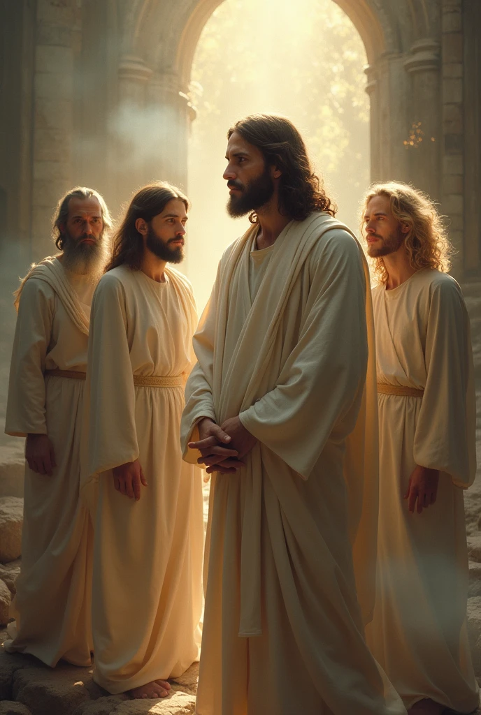 Jesus without showing his happy face and next to spiritual friends 