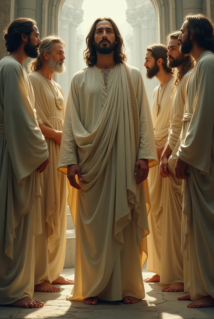 Jesus without showing his happy face and next to spiritual friends