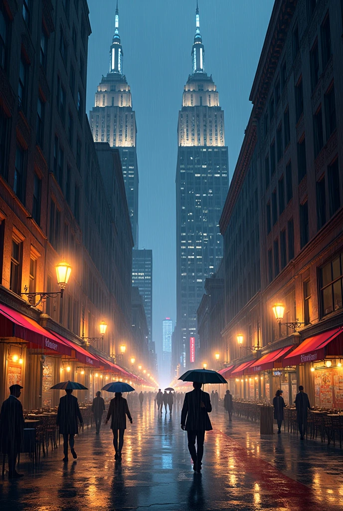 City at night with light rain