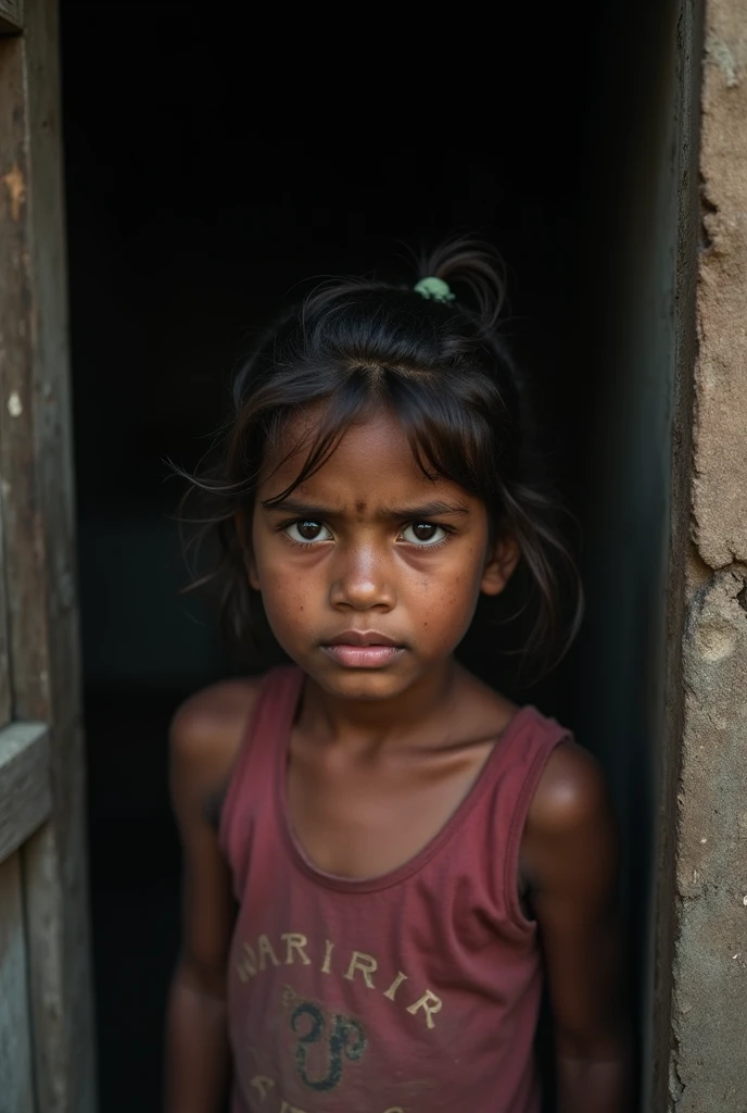 "Help young lives affected by the floods in Bangladesh. Your support can bring hope and relief to children like her. Donate now to make a difference." (Concrete dark room)、 ((Face close-up))
