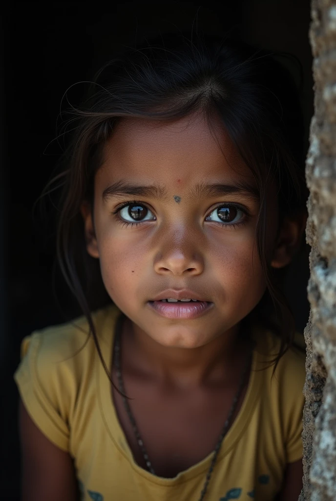"Help young lives affected by the floods in Bangladesh. Your support can bring hope and relief to ren like her. Donate now to make a difference." (Concrete dark room)、 ((Face close-up))