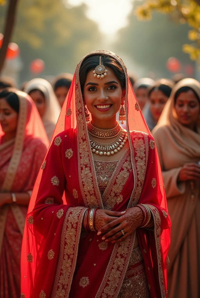 A beautiful looking Muslim bride from India was wearing a red saree. Everyone was sitting a little far from him his mother in law was sitting another way she was wearing a light colored saree