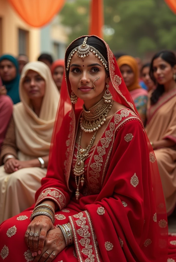 A beautiful looking Muslim bride from India was wearing a red saree. Everyone was sitting a little far from him his mother in law was sitting another way she was wearing a light colored saree