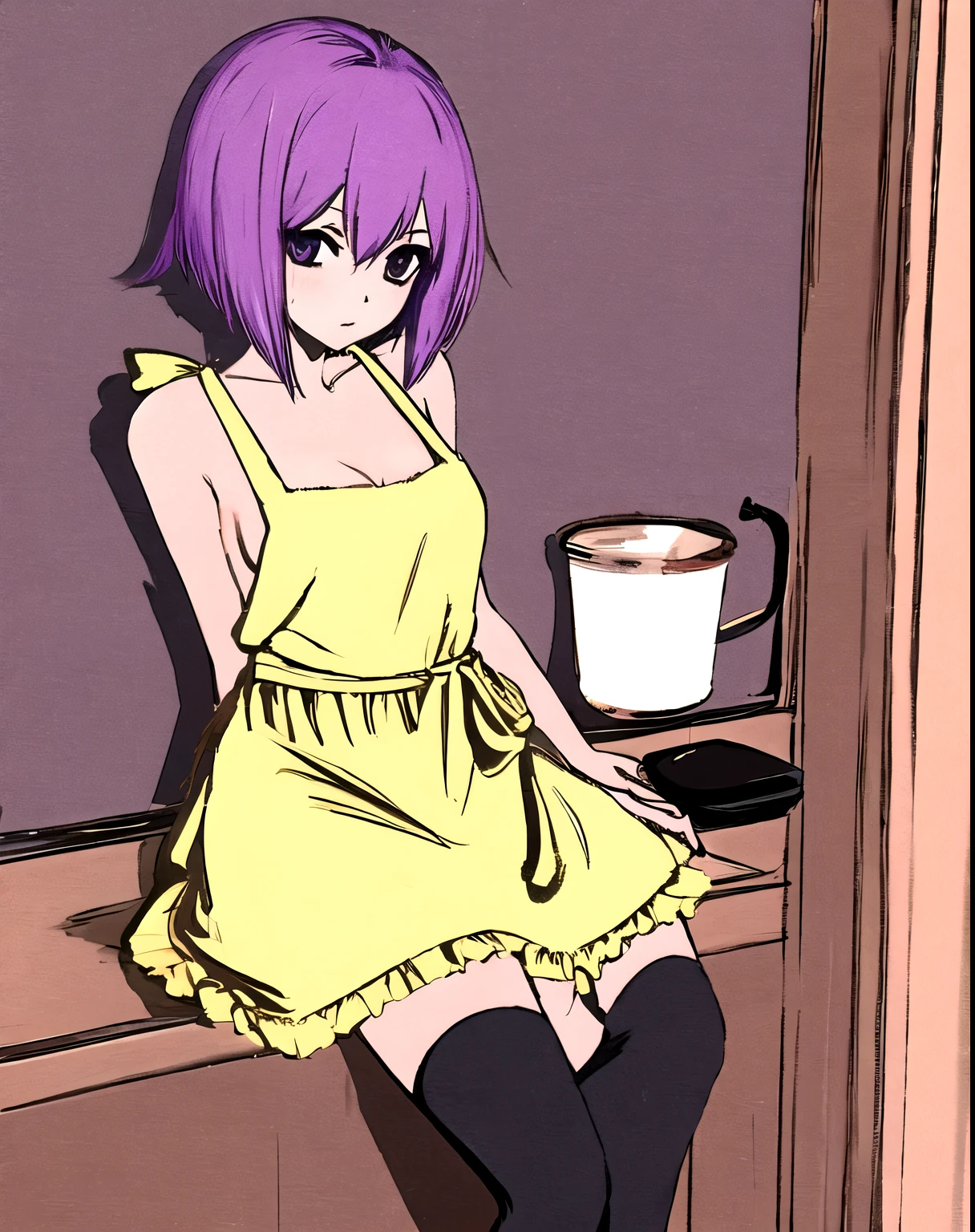 short purple hairs, nude apron, shy, tsundere