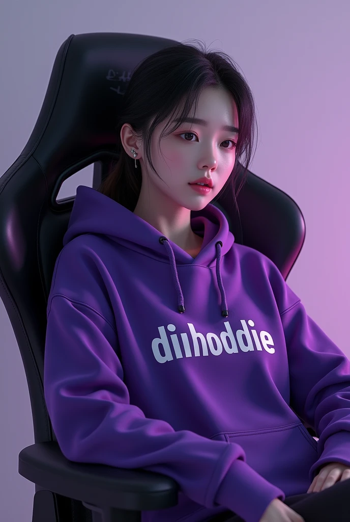 A beautiful white Korean woman sitting on a gaming chair wearing a dark purple hoddie with the name dihoddie " Cums "