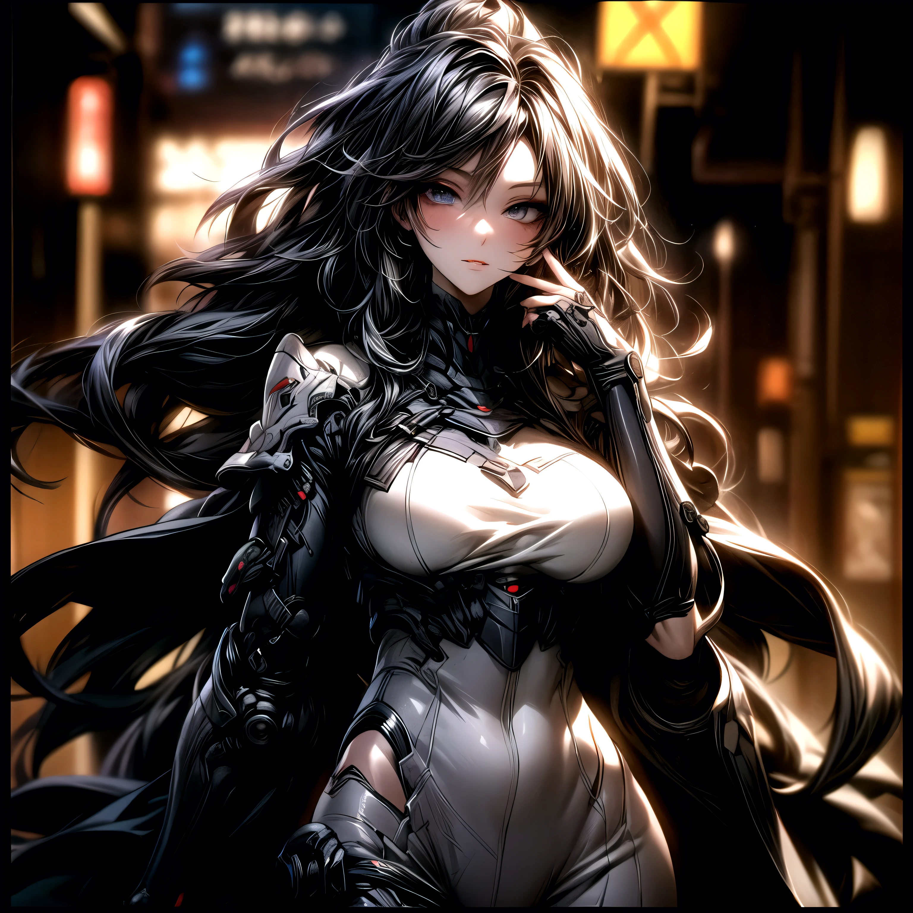 (best quality)), ((Masterpiece)), (details:1.4), 3d, HDR (high dynamic range), an image of a beautiful cyberpunk female, Hips up, cyberpunk, black hair, Long hair, beautiful White eyes, จมูกโด่ง, ปากแดง, หน้าอกใหญ่, nvidia RTX, PBR surface, After processing, Anisotropic filtration,depth of field, Maximum clarity and clarity, multi-layered surface, Subsurface scattering, perfect proportions, 8K raw files, ultra detailed, Perfect proportions, volumetric lighting, soft lighting, Holy Paladin, Heavy Black Armor, glossy skin, street background, jewely, ต่างหู, นิ้วมือสมบูรณ์,