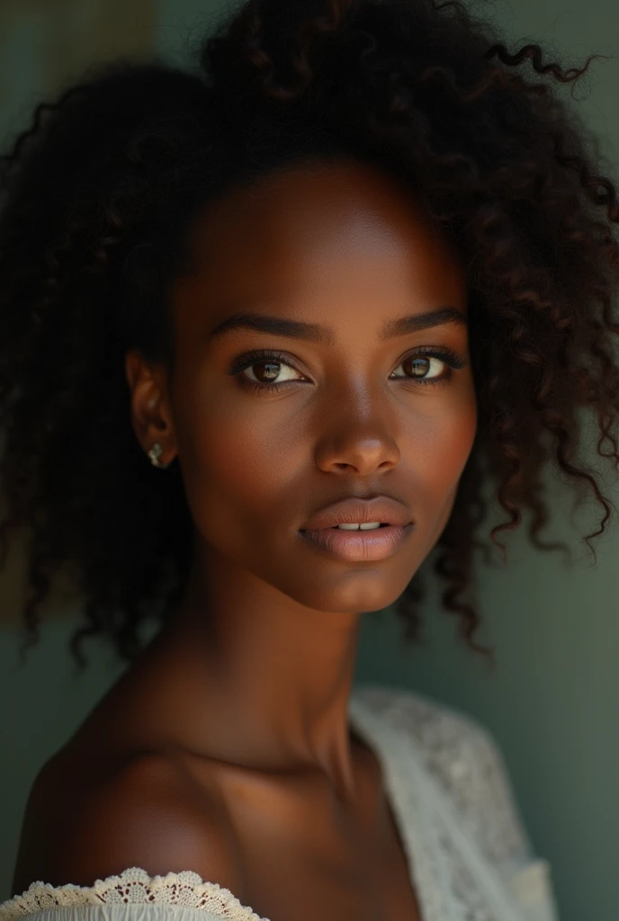 Beautiful Cape Verdean woman with gray eyes and black hair