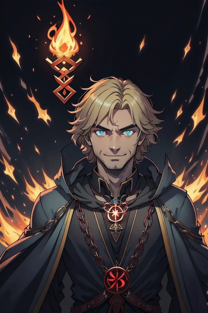 masterpiece, best quality, (1man, thin adult czech male:1.2), hazel eyes, blonde hair, shaggy hair, (style-swirlmagic:0.7), portrait, solo, half shot, looking at viewer, detailed background, detailed face, (GlowingRunesAI_red, glowing runes theme:1.1), (glowing eyes:1.05), dilated pupils, necromancer, possessed, intricate necromancer robes, pendant, summoning, dynamic pose, chanting, ritual, evil sigils, arcane energy, floating particles, blue gathering necrotic energy, calling forth forbidden power, flames in background, mist, ethereal atmosphere, very muscular and very sexy tall and top body, mistery smile