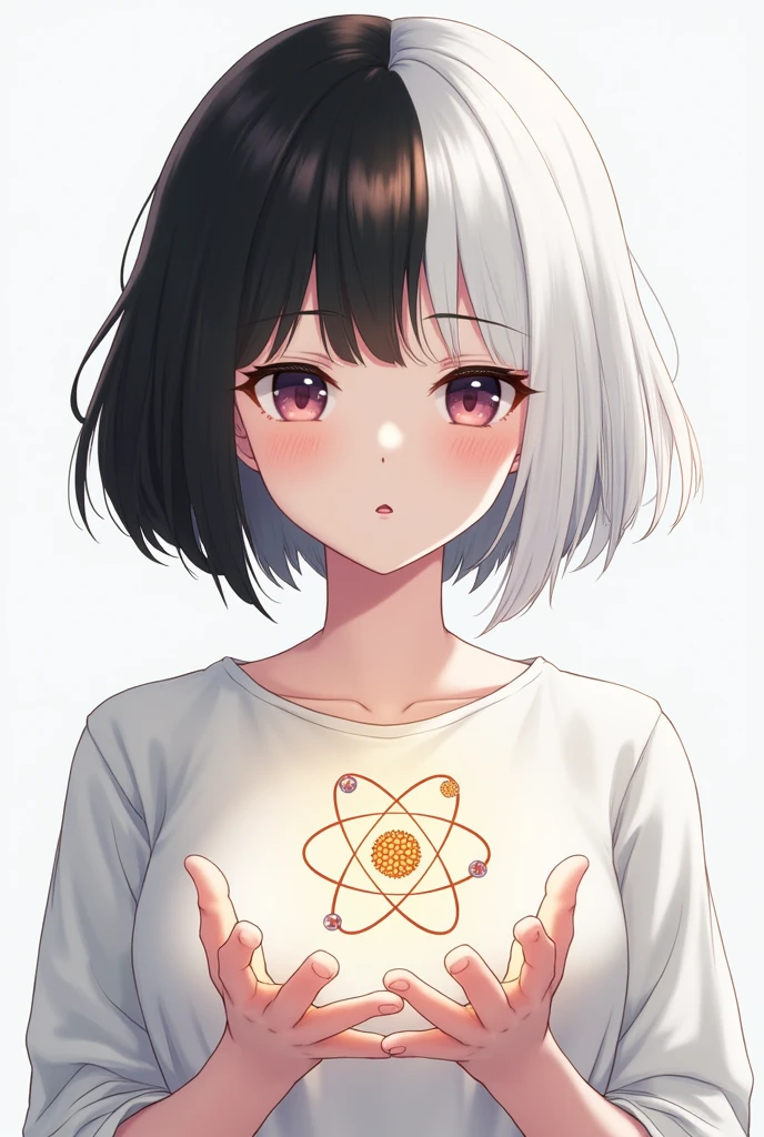 Une fille avec une chemise blanche, avec les cheveux courts, avec un côté des cheveux blancs et un autre côté des cheveux noirs, avec un atome entre les mains