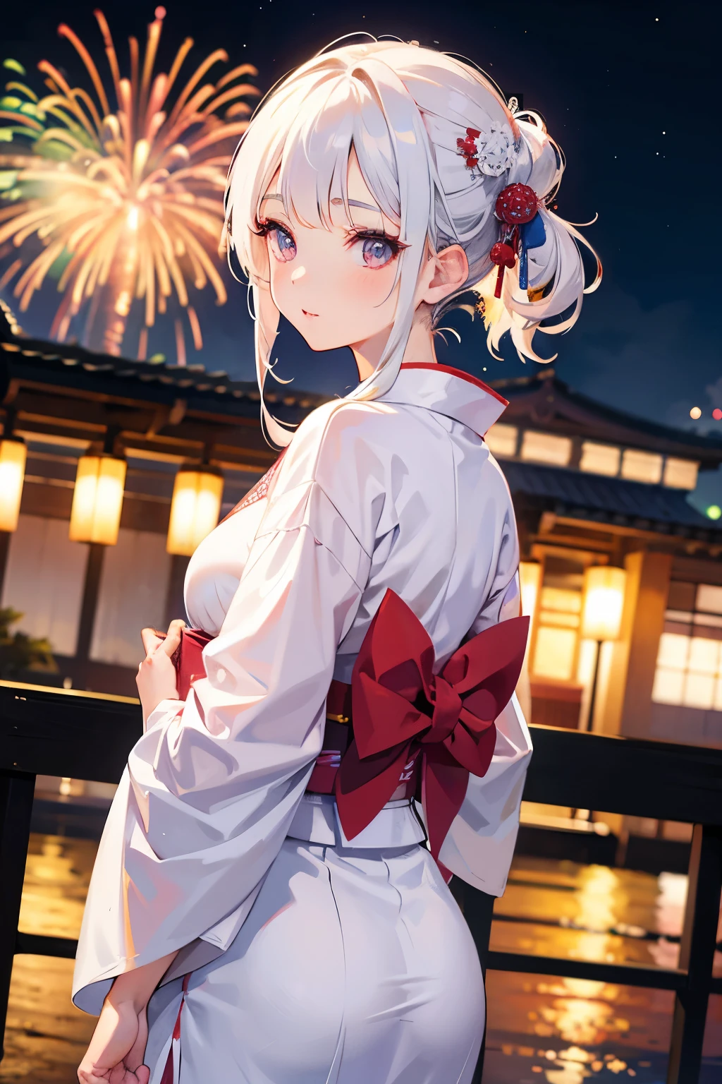 A young woman with white hair wearing a yukata looks back with fireworks in the background