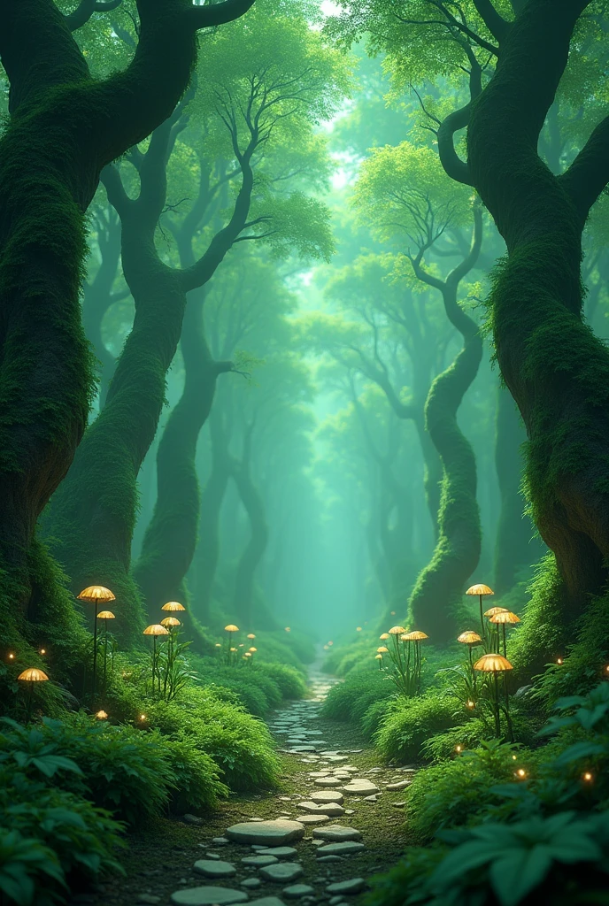 mystic & fantasy green forest with enchanted vibe. Image should be 3d