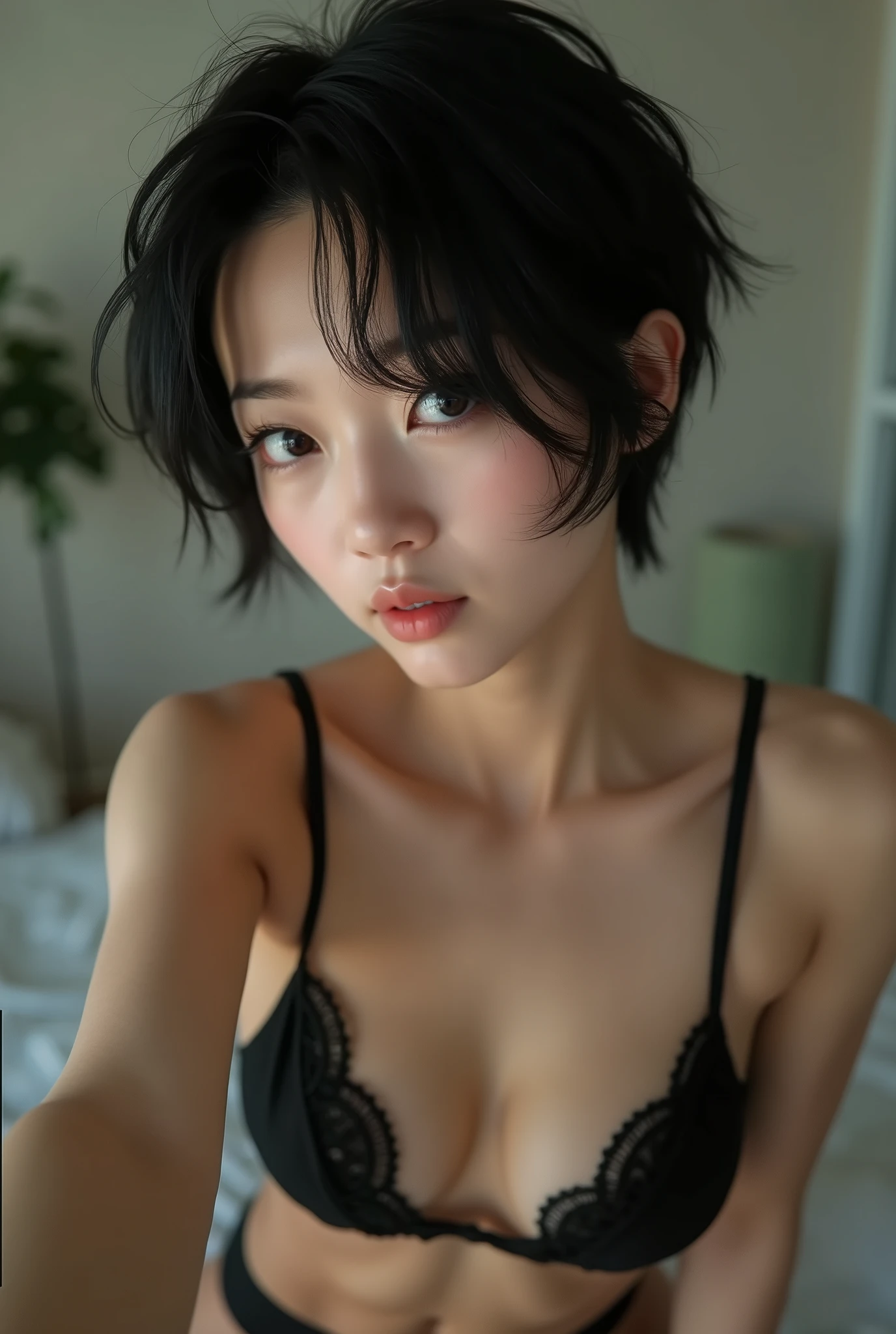, (1girl:1.2), (abs:1.23),(huge_breasts:1.5)、she looks away, Blurred Background、Sagging breasts、(Close-up:1.55)、Photorealistic、Japanese、The Beauty of the Japan、Very Short Hair、Boyish Girl、Selfie、Selphy:1.8、underwear、Lace bra、