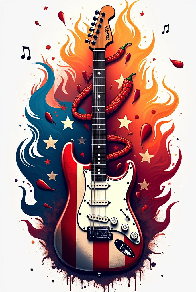 "Design a logo for the music band 'Red Hot Chili Peppers' that combines bold American political themes with their energetic rock-and-roll style. Feature a central electric guitar with an American flag motif, where the guitar body is painted with stars and stripes. Integrate flames and chili peppers that intertwine around the guitar neck, giving a dynamic, fiery effect. The band's name, 'Red Hot Chili Peppers,' should be in bold, graffiti-style lettering that appears to be scorched or singed at the edges, conveying a rebellious spirit. Incorporate musical notes subtly around the logo, and use a vibrant color palette of red, blue, white, and hints of orange for a modern, edgy look. The design should be visually captivating, merging elements of music, patriotism, and the band's fiery essence into a cohesive and eye-catching logo."