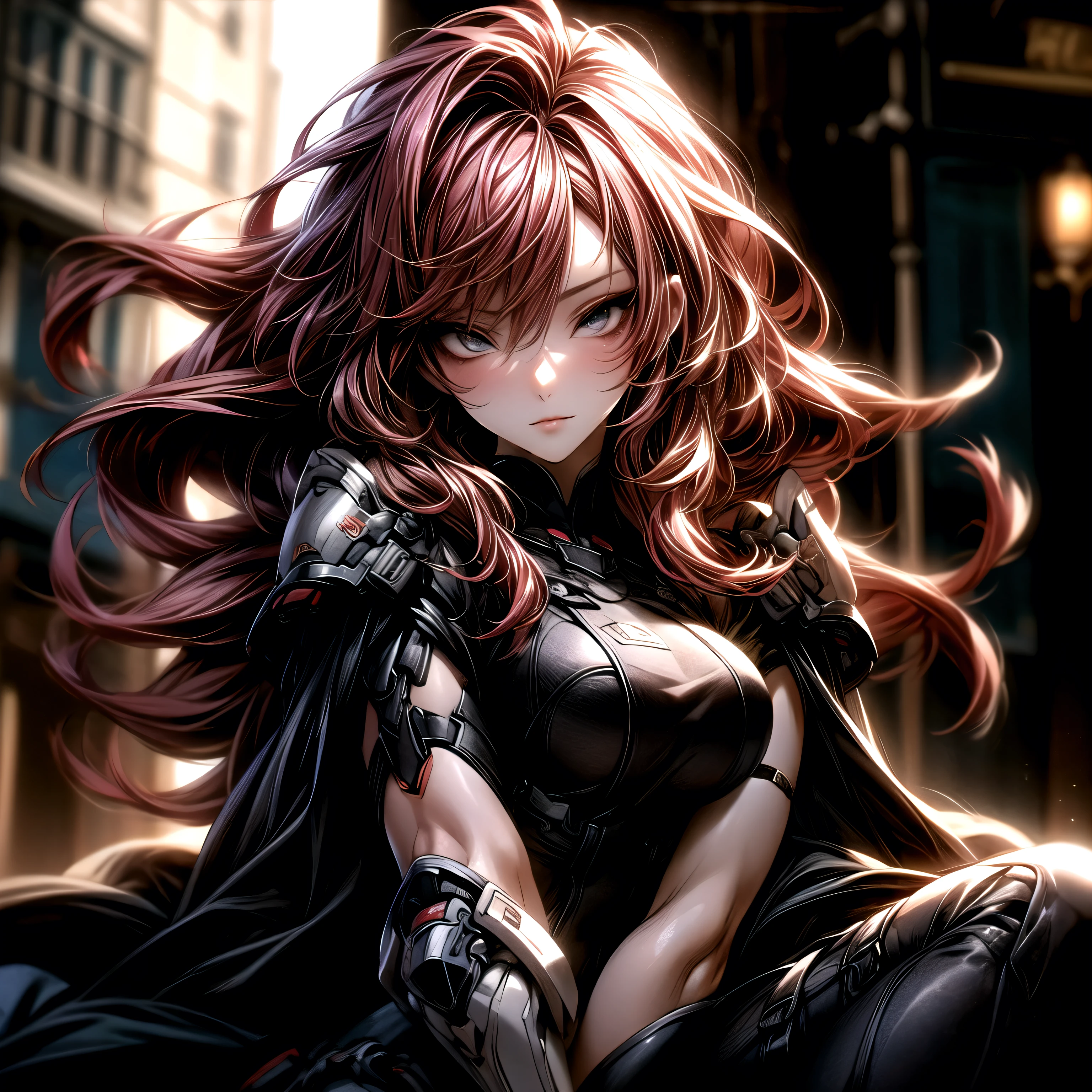 (best quality)), ((Masterpiece)), (details:1.4), 3d, HDR (high dynamic range), an image of a beautiful cyberpunk female, Hips up, cyberpunk, red hair, Long hair, beautiful White eyes, จมูกโด่ง, ปากแดง, หน้าอกใหญ่, nvidia RTX, PBR surface, After processing, Anisotropic filtration,depth of field, Maximum clarity and clarity, multi-layered surface, Subsurface scattering, perfect proportions, 8K raw files, ultra detailed, Perfect proportions, volumetric lighting, soft lighting, Holy Paladin, Heavy Black Armor, glossy skin, street background, jewely, ต่างหู, นิ้วมือสมบูรณ์,